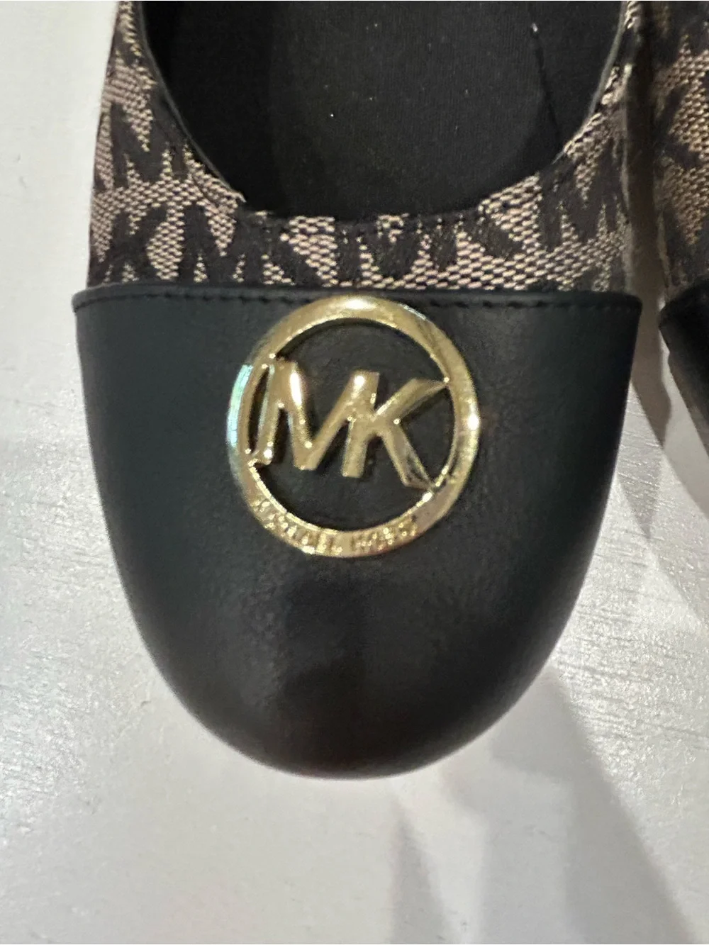 Michael Kors Black and Brown Logo Ballet Flats with Gold MK Medallion